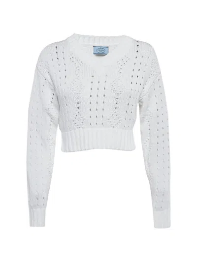 Pre-owned Prada Open-knit V-neck Sweater In White
