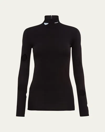 Prada Openwork-sleeve Viscose Sweater In Nero