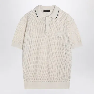 PRADA PRADA  OPENWORK TALC-COLOURED POLO IN COTTON AND SILK