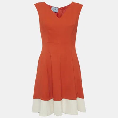 Pre-owned Prada Orange And White Crepe Sleeveless Dress M
