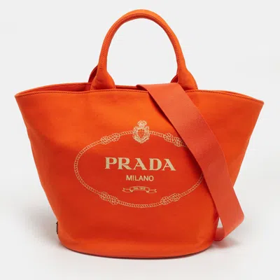 Pre-owned Prada Orange Canvas Logo Print Tote