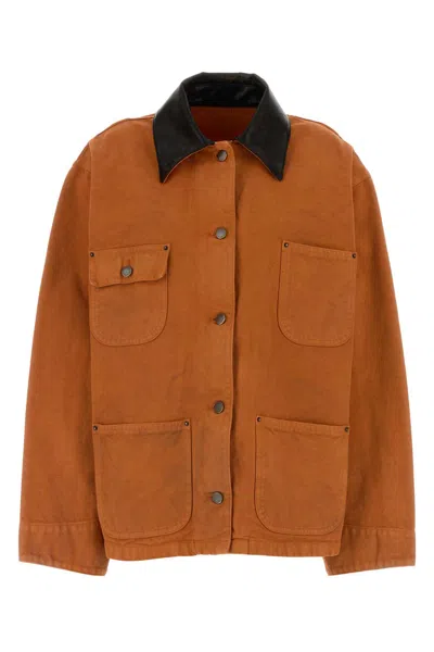 Prada Denim Jacket Long Sleeves Patch Pockets Collar In Orange