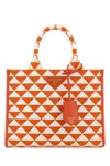 Prada Small Embroidered Fabric Shopping Bag With Triangle Pattern In Orange