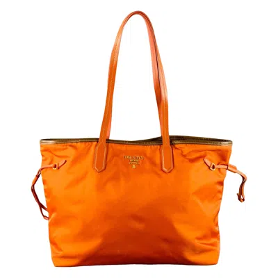 Pre-owned Prada Orange Gold Saffiano Nylon Leather Trim Tote Handbag