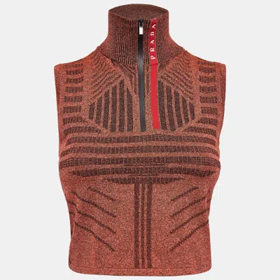 Pre-owned Prada Orange Melange Jersey Zip-up Sleeveless Top S