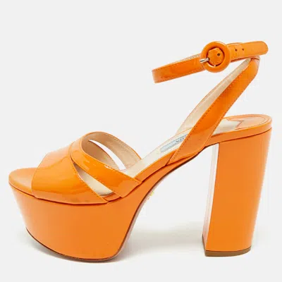 Pre-owned Prada Orange Patent Leather Platform Ankle Strap Sandals Size 36