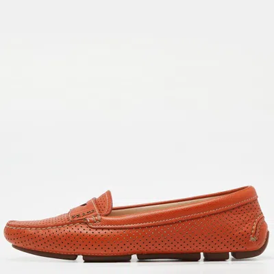 Pre-owned Prada Orange Perforated Leather Penny Loafers Size 36