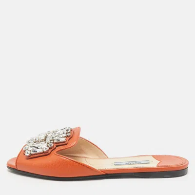 Pre-owned Prada Orange Saffiano Lux Leather Crystals Embellished Flat Slides Size 36