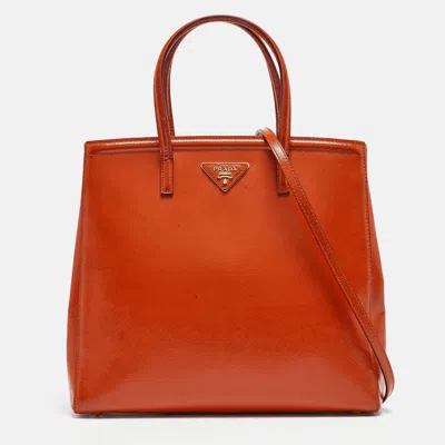 Pre-owned Prada Orange Saffiano Vernice Leather Parabole Tote