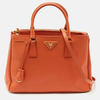 Pre-owned Prada Orange Saffino Lux Leather Medium Double Zip Tote