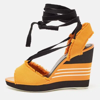 Pre-owned Prada Orange/black Canvas Wedge Slingback Sandals Size 38