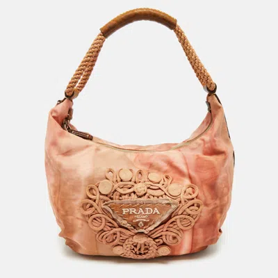 Pre-owned Prada Orange/brown Leather And Nylon Logo Tie Dye Hobo