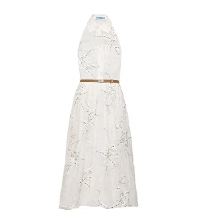 Prada Floral Embroidered Silk Midi Dress In White