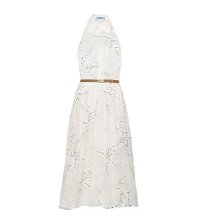 Prada Floral Embroidered Silk Midi Dress In White