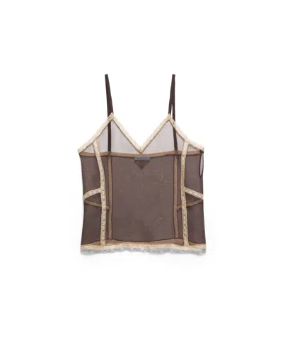 Prada Top Aus Organza-intarsien In Brown