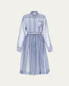 Prada Organza Stripe Belted Midi Dress In Blu Bianco