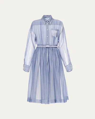 Prada Organza Stripe Belted Midi Dress In Blue
