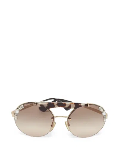 Pre-owned Prada Ornate Crystal-embellished Round-frame Sunglasses In Gold