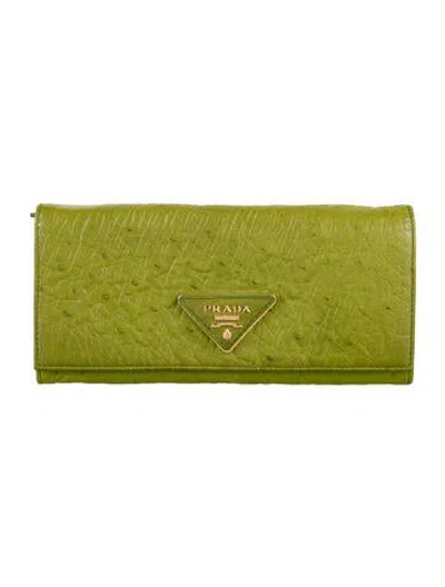 Pre-owned Prada Ostrich Continental Wallet In Green