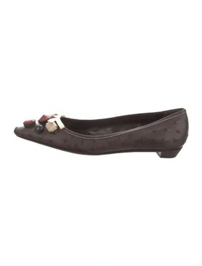 Pre-owned Prada Ostrich Flats In Brown