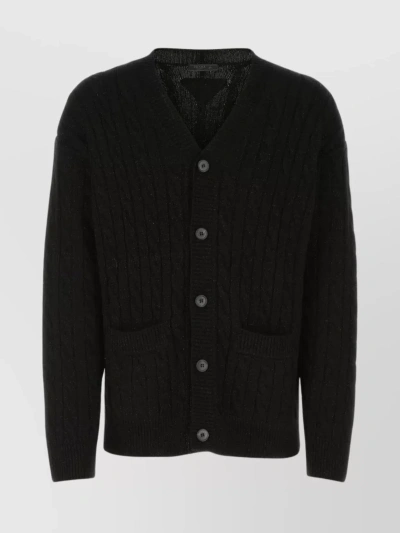 Prada Oversize V-neck Cardigan With Cable Knit Pattern In Black