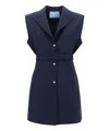 Prada Wool Vest With Belted Waist And Notched Lapels In Blue