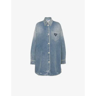 Prada Womens Blue Oversized Logo-plaque Organic-cotton Denim Shirt