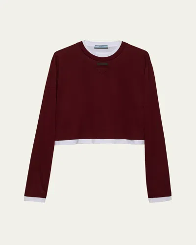 Prada Womens Burgundy Long-sleeve Logo-patch Cotton-jersey T-shirt