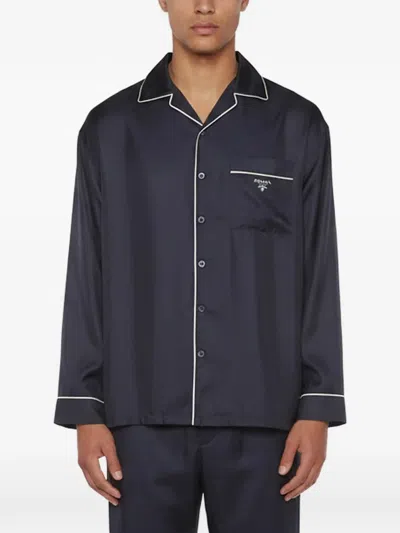 Pre-owned Prada Oversized Silk Pyjama Shirt In Blue