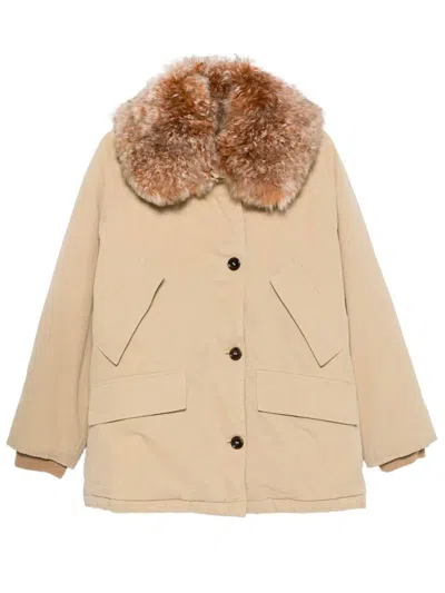 Prada Faux-fur-trimmed Button Coat In Neutral