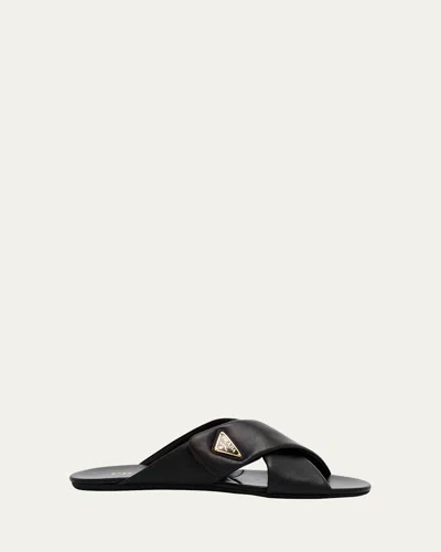 PRADA PADDED LEATHER CRISSCROSS FLAT SANDALS