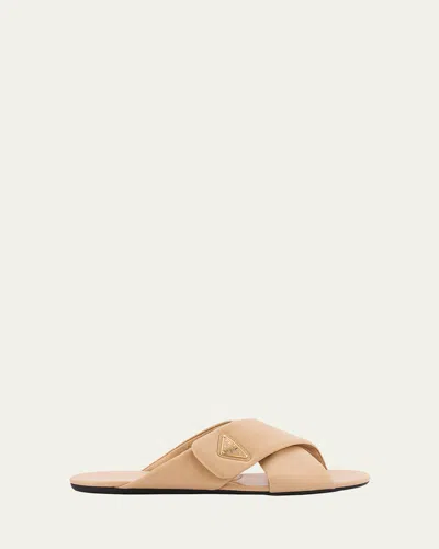 Prada Padded Leather Crisscross Flat Sandals In Sabbia