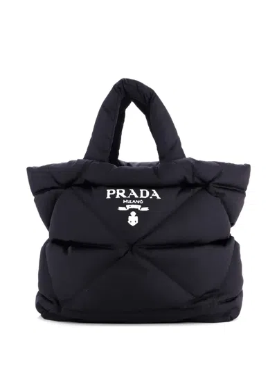 Pre-owned Prada Padded Logo Quilted Re-nylon Medium Tote Bag In Black