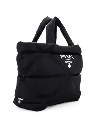 Pre-owned Prada Padded Logo Quilted Re-nylon Medium Tote Bag In Black
