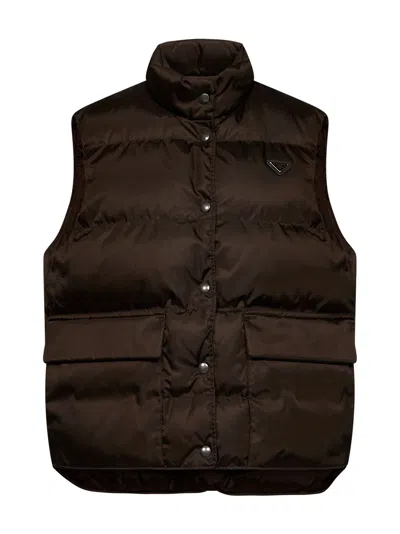 Prada Padded Re-nylon Puffer Vest In Brown