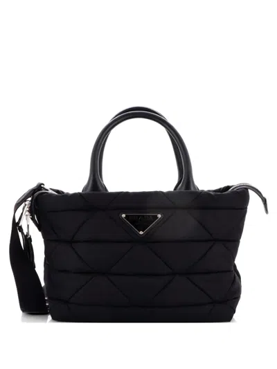 Pre-owned Prada Padded Tote Bag Quilted Re-nylon With Leather Small Satchel In Black