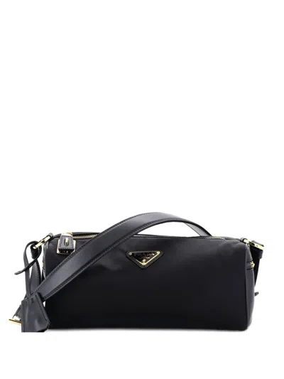 Pre-owned Prada Padlock Bauletto Re-nylon With Leather Medium Shoulder Bag In Black