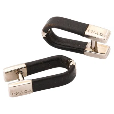 Pre-owned Prada Pair Of Silver Tone & Black Leather Cufflinks Signed
