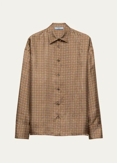 Prada Paisley Button Down Silk Twill Blouse In Brown