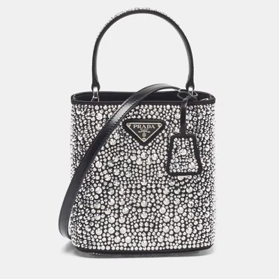 Pre-owned Prada Panier Crystal Embellished Black Satin Top Handle Bag