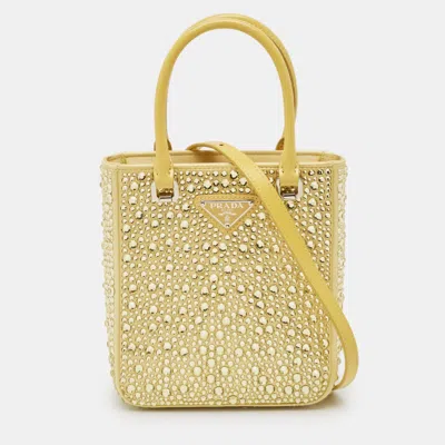 Pre-owned Prada Panier Crystal Embellished Small Yellow Satin Tote