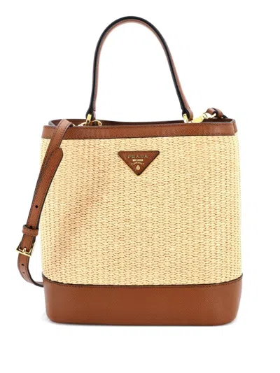 Pre-owned Prada Panier Straw And Leather Medium Bucket Bag In Brown