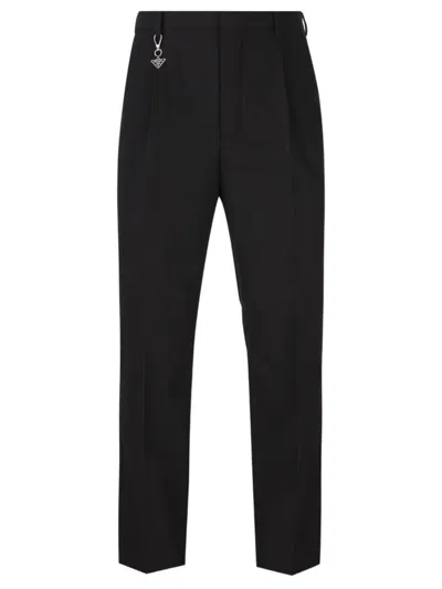 Prada Cotton Tapered Trousers Charm Detail Belt In Black