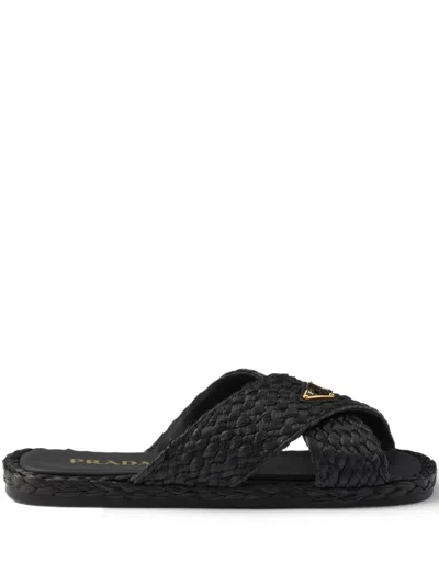 PRADA CRISS-CROSS RAFFIA SLIDES