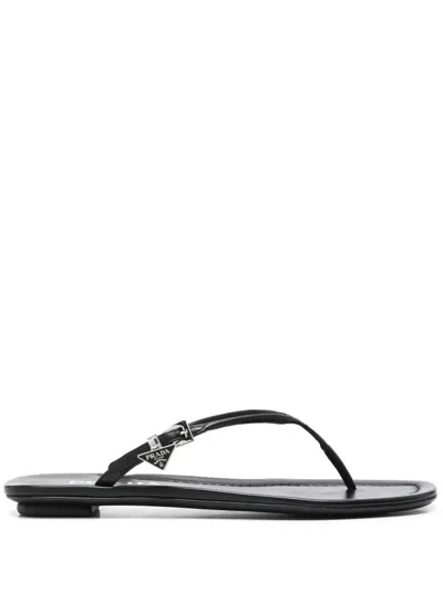 PRADA ENAMEL TRIANGLE-LOGO FLIP FLOPS - WOMEN'S - CALF LEATHER/RUBBER