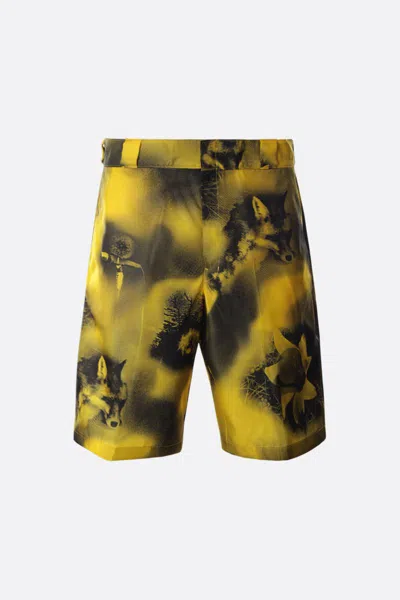 Prada Nylon Printed Shorts With Metal Logo In Yellow