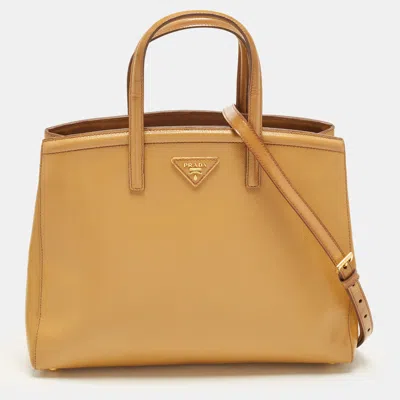 Pre-owned Prada Parabole Tan Saffiano Vernice Leather Tote