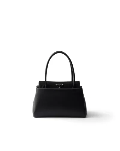 Prada Passage Small Leather Bag With Re-nylon Flap In Black