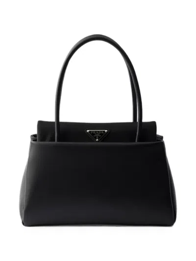 Prada Passage Small Leather Bag With Re-nylon Flap In Black