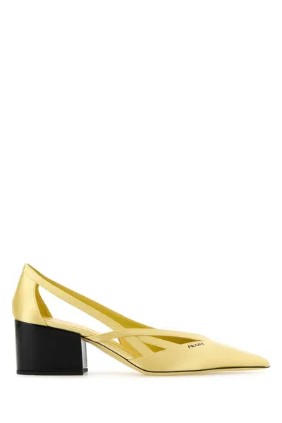 Prada Pastel Yellow Satin Pumps In Gold